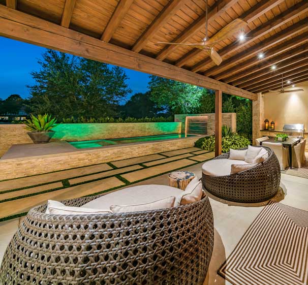 Timber terrace and pool at dusk